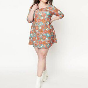 Smak Parlour Retro 1960s Turquoise & Pink Floral Cosmic Mini Shift Dress